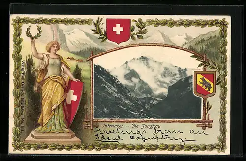 AK Interlaken, Die Jungfrau, Helvetia mit Schild
