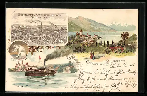 Lithographie Thun, Gruss vom Thuner See, Spiez, Seepartie mit Blick auf die Stadt