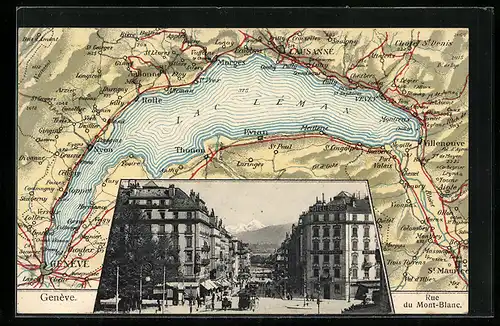 AK Geneve, Rue du Mont-Blanc mit Landkarte des Lac Léman