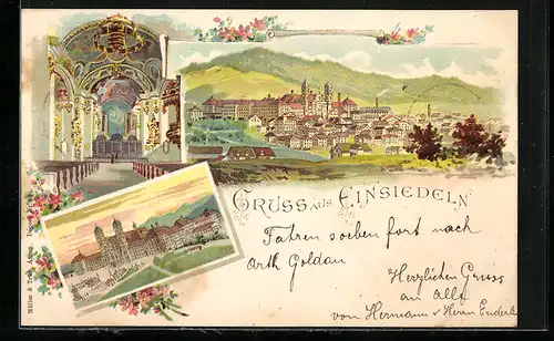 Lithographie Einsiedeln, Panorama mit Ansichten aus der Stadt