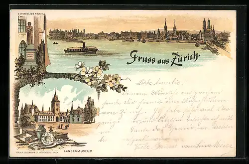 Lithographie Zürich, Zwinglidenkmal, Landesmuseum und Stadtansicht
