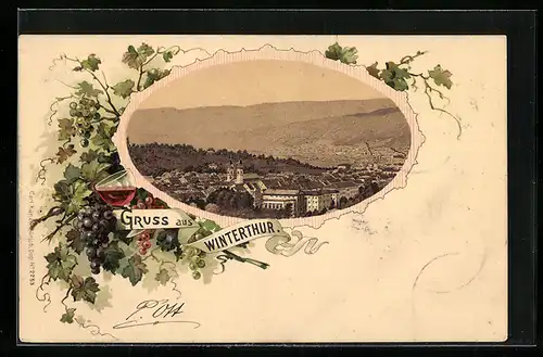 Lithographie Winterthur, Panorama aus der Vogelschau, Weinrebe und Weinglas