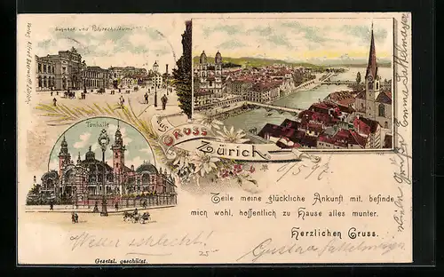 Lithographie Zürich, Bahnhof & Polytechnikum, Tonhalle, Ortsansicht