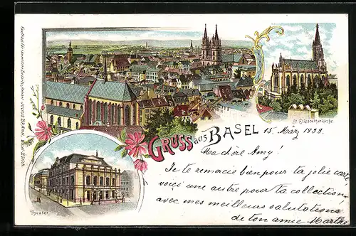 Lithographie Basel, Theater, St. Elisabethenkirche, Totalansicht