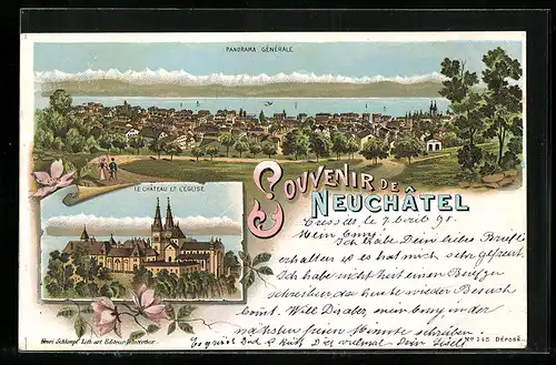Lithographie Neuchatel, Panorama Generale, Le Chateau et L`Eglise