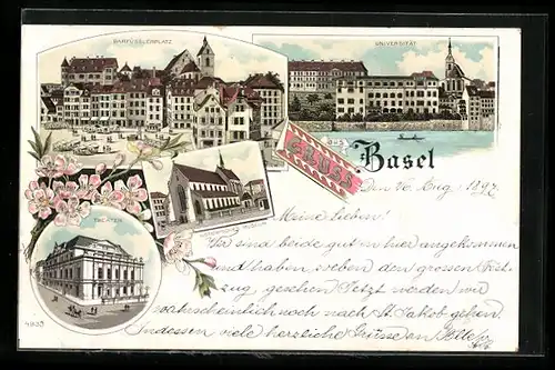 Lithographie Basel, Universität, Barfüsslerplatz, Historisches Museum