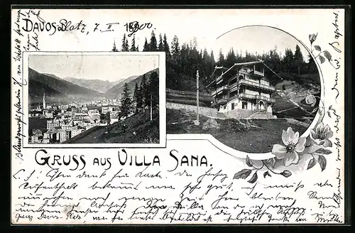 AK Davos, Gruss aus dem Hotel Villa Sana, Ortsansicht