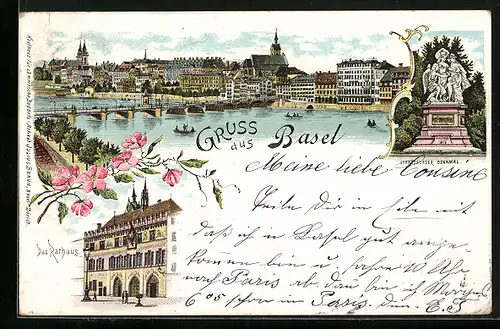 Lithographie Basel, Strassburger Denkmal, Das Rathaus, Panorama