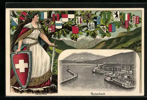 Passepartout-Lithographie Rorschach, Dampfer am Anleger, Helvetia mit Wappenschild