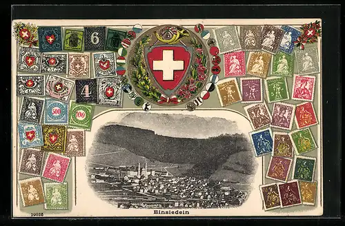 AK Einsiedeln, Panorama mit Wappen und Briefmarken