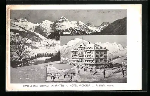 AK Engelberg, Gebirgspanorama im Schnee, Schlittschuhläufer, Hotel Victoria
