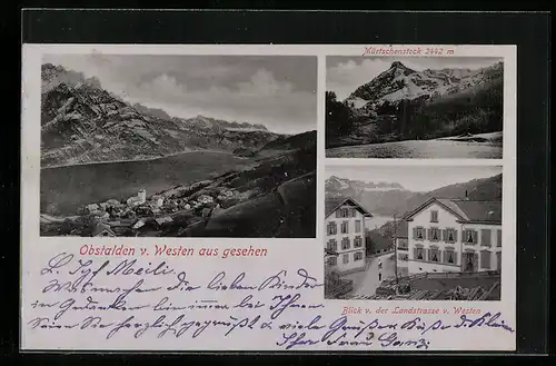 AK Obstalden, Ortsansicht von Westen, Mürtschenstock, Blick von der Landstrasse