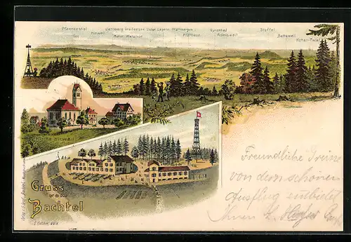 Lithographie Hinweil, Kirche in Hinweil, Panorama mit Bergen, Gruss vom Bachtel