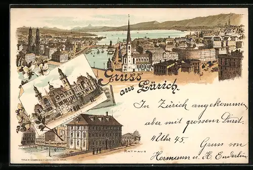 Lithographie Zürich, Tonhalle, Rathaus, Totalansicht mit Blick auf See und Gebirge