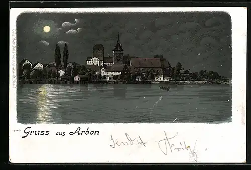 Lithographie Arbon, Ortsansicht vom Wasser her