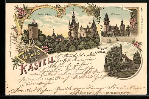 Lithographie Kastell, Wirtschaft zum Grünthal, Schloss Kastell, Schlosshof