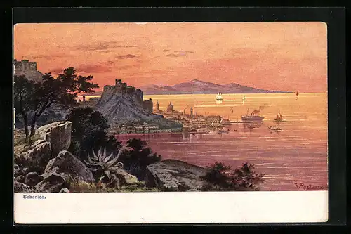 Künstler-AK Friedrich Perlberg: Sebenico, Generalansicht, Schiffe im Hafen, bei Sonnenuntergang