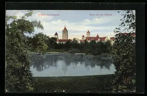 AK Posen / Poznan, Schillerpark mit Blick auf das Schloss