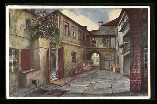 Künstler-AK Breslau, Blick auf den Hof 1, links Sabinezimmer mit Balkon, Durchblick nach Hof 2