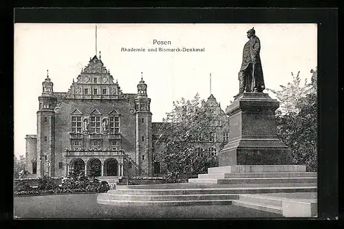 AK Posen / Poznan, Akademie und Bismarckdenkmal