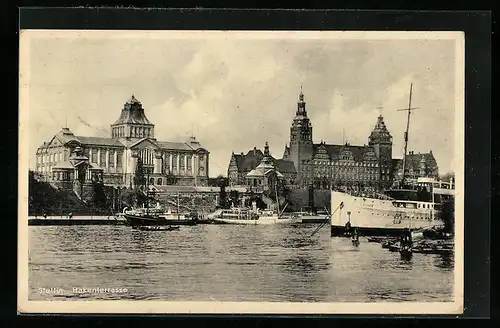 AK Stettin, Hakenterrasse, vom Wasser gesehen