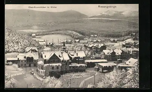 AK Ober-Krummhübel /Rsgb., Ortsansicht im Winter aus der Vogelschau