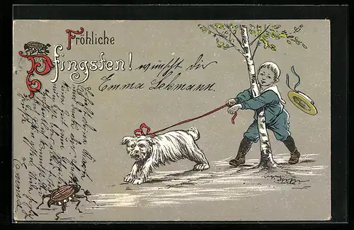 Lithographie Kleiner Spaziergänger mit Hund auf Maikäferjagd