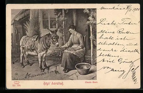 AK Junge Frau füttert ihren Esel mit Gemüse