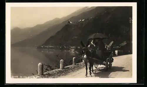 AK Unterwegs mit Eselskutsche und Schirm am Wasser in den Bergen