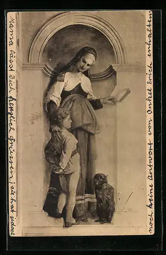 AK Die Weisheit, Frau, Knabe und Eule