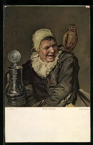 Künstler-AK Zecher mit Bierkrug und Eule auf der Schulter