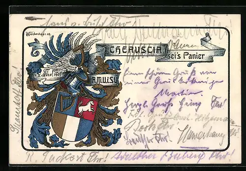 Künstler-AK Cheruscia sei`s Panier, Studentenwappen