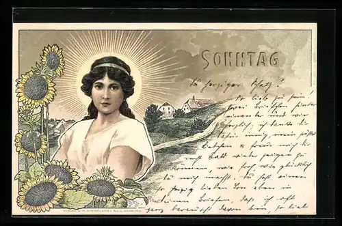 Künstler-AK H. Fründt: Dame mit Haarband und Sonnenschein, Sonnenblumen, Sonntag, Jugendstil
