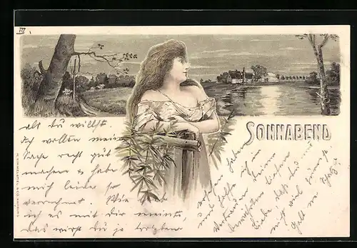 Künstler-AK H. Fründt: Sonnabend, Dame blickt auf Dorf, Jugendstil