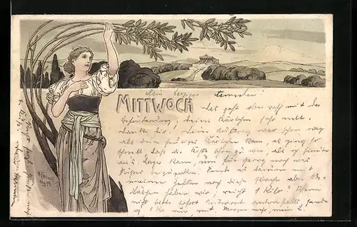 Künstler-AK H. Fründt: Dame im Jugendstil, Mittwoch