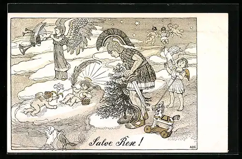 Künstler-AK Mathilde Ade: Salve Rex!, Christuskind, Legionär, Weihnachtsengel