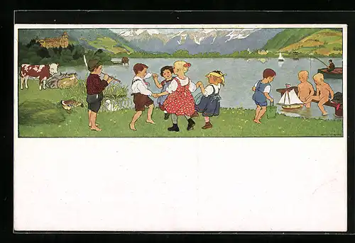 Künstler-AK Gertrud Caspari: Frühlingsluft 7 /138, Kinder an Badesee