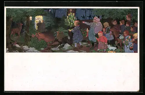 Künstler-AK Gertrud Caspari: Weihnachtsglück, Kinder im Wald