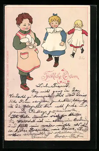 Künstler-AK Gertrud Caspari: Fröhliche Ostern, Kinder mit Eiern