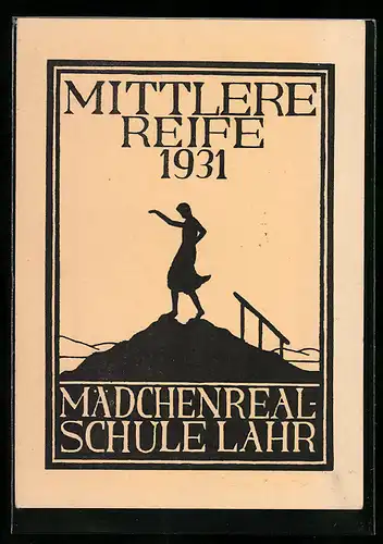 AK Lahr i. B., Mädchenrealschule Mittlere Reife 1931, Schattenbild Schülerin auf einem Berg