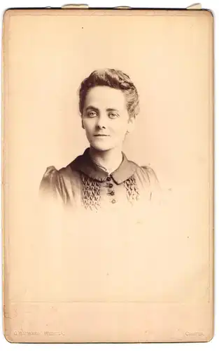 Fotografie M. G. Watmough Webster, Chester, Bridge St. Row 33, Junge Dame mit Halskette in verzierter Puffärmel-Bluse
