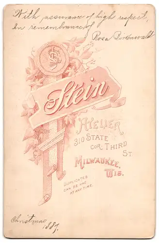 Fotografie S. L. Stein, Milwaukee, Wis., State Cor. Third St. 310, Junge Dame mit Brosche und stoffbespannten Knöpfen