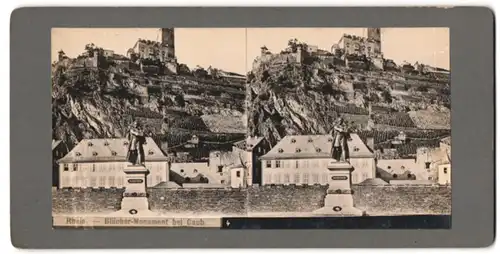 Stereo-Fotografie unbekannter Fotograf, Ansicht Caub, das Blücher Denkmal mit Blick zur Burg