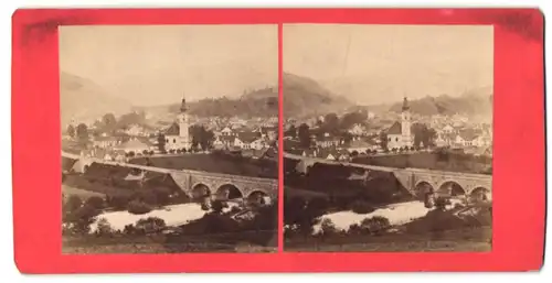 Stereo-Fotografie August Angerer, Wien, Ansicht Mürzzuschlag, Blick nach dem Ort mit der Pfarrkirche hl. Kunigunde