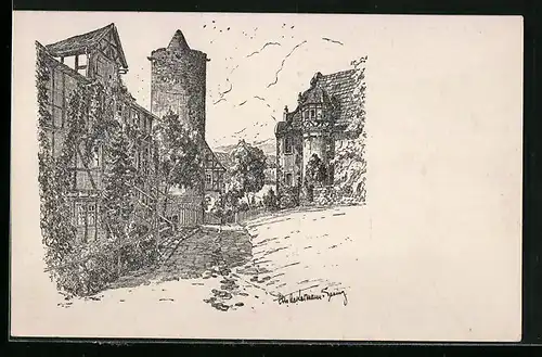 Künstler-AK Schlitz /Hessen, Blick vom Kirchplatz auf die Hinterburg