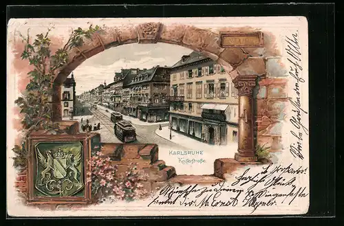 Künstler-AK Karlsruhe, Strassenbahnen in der Kaiserstrasse