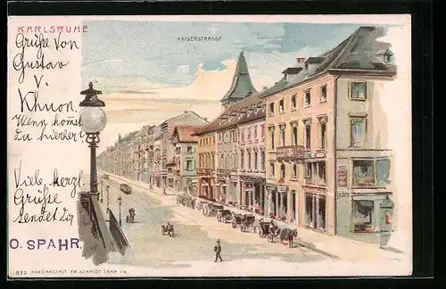 Künstler-AK Karlsruhe, Strassenbahn in der Kaiserstrasse