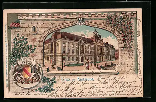 Lithographie Karlsruhe, Schloss, Litfasssäule, Wappen