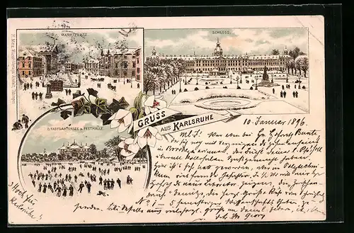 Lithographie Karlsruhe, Marktplatz, Schloss, Stadtgartensee und Festhalle