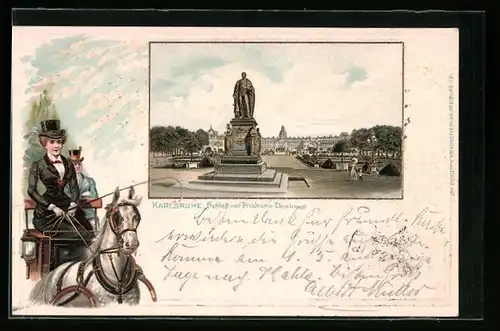 Lithographie Karlsruhe, Schloss mit Friedrichs-Denkmal